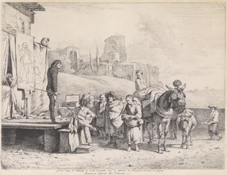 Theaterkaravaan in een Italiaanse landschap met ruïnes